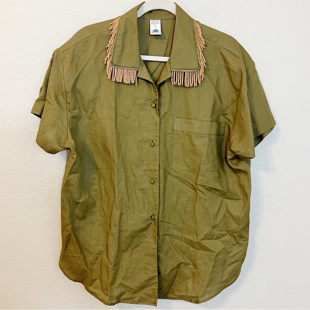 Vintage Hairston Roberson Linen Blend Wooden Fringe Short Sleeve‎ Button Down